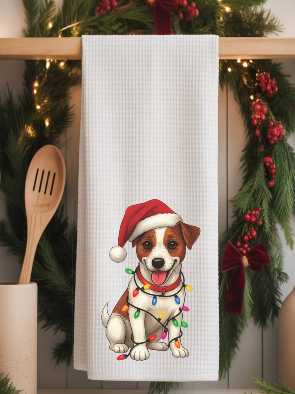 Jack Russell Terrier Christmas Lights Decorative Kitchen Tea Towel